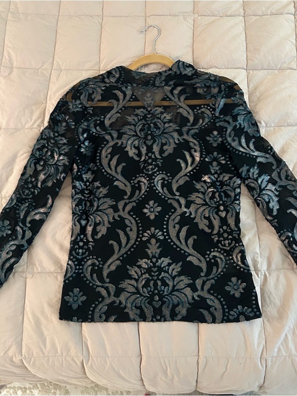 Boston Proper Black Top with Silver Damask Burnout Pattern